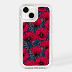 an iphone case with red flowers and leaves on it, in front of a white background