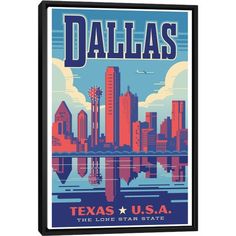 a framed poster with the word, dallas texas usa on it's front and side