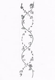 a line drawing with musical notes and flowers on the bottom half of it, in black ink