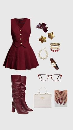 Burgundy Preppy Outfit, Velvet Outfit Aesthetic, Red Feminine Outfit, Red Statement Outfit, Red Outfit Layout, Christmas Day Outfit Ideas For Women, Lovergirl Aesthetic Outfits, Wanda Maximoff Outfit Inspiration, Elegant Red Outfit