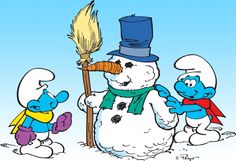 the smurfs are making a snowman with an orange broom and blue hat