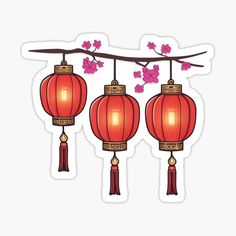 three red lanterns hanging from a branch with pink flowers on it sticker by corbi