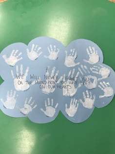 handprints on blue paper with words written on them in white and green colors