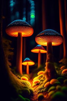 glowing mushrooms in the forest at night