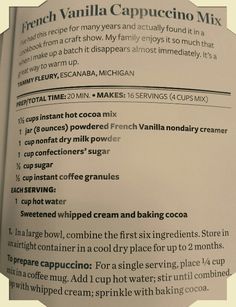 a recipe book with instructions for making vanilla cappuccino mix