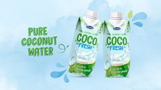 two bottles of coconut water on a blue and white background with the words pure coconut water