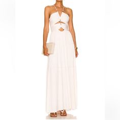 A.L.C. Kai Beaded Cut Out Halter Neck Tiered Maxi Dress **Brand New Without Tags** Please Note, This Dress Does Not Include The Beads Shown In The Picture With Model. 100% Poly Made In China Spot Clean Fully Lined Color: Glace Size: 4 White Summer Cocktail Maxi Dress, Chic White Maxi Dress For Evening, Elegant Cutout Maxi Dress For Vacation, White Maxi Dress For Spring Cocktail, White Summer Evening Maxi Dress, White Maxi Dress For Summer Evening, Elegant Cutout Dresses For Vacation, Chic White Maxi Dress, White Sleeveless Maxi Cocktail Dress