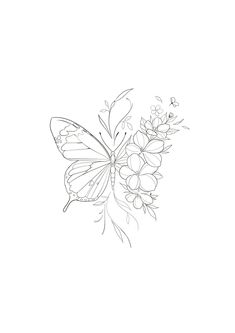 a drawing of a butterfly and flowers on a white background