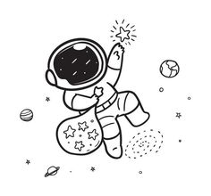 an astronaut is flying through the space with stars and planets around him, black and white drawing