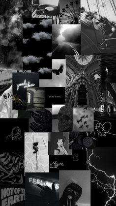 black and white collage with many different things in it, including clouds, lightnings,