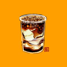 a glass filled with beans and ice on an orange background