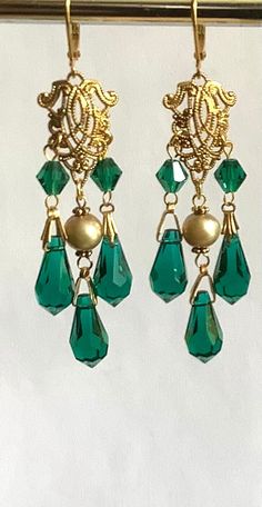 Gold plated filigree with emerald crystal drops and fresh water pearls Pearl Chandelier Earrings, Pearl Chandelier, Emerald Crystal, Fresh Water Pearls, Water Pearls, Crystal Drop, Chandelier Earrings, Fresh Water, Freshwater Pearls