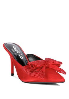 Red Mules, Bow High Heels, Color Blocking Outfits, High Heel Mules, Heel Mules, Bow Heels, Casual Evening, Pointed Heels, After Hours