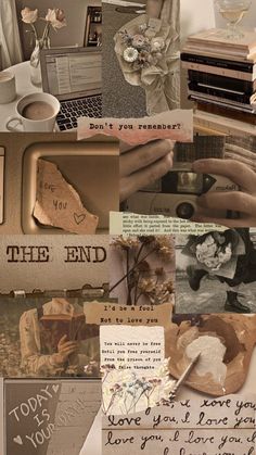 a collage of photos with words and pictures on the side, including flowers, books, letters, vases