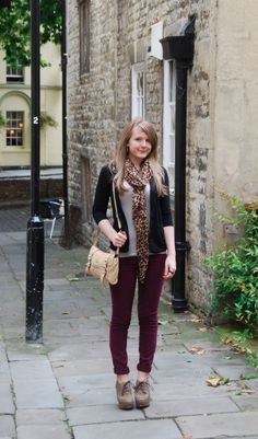 Raindrops of Sapphire for EBEW Colored Pants - I love the dark red pants paired with the leopard! Pencil Skirt Fall, Red Velvet Pants, Winter Cardigan Outfit, Berry Tones, Winter Berry, Burgundy Pants, Ootd Women, Skirt Outfits Fall, Personal Style Inspiration