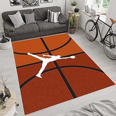 a living room with a basketball court rug on the floor