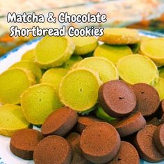 matcha and chocolate shortbread cookies on a plate with the words matcha & chocolate shortbread cookies