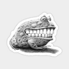 a black and white drawing of a frog with its mouth wide open, showing teeth