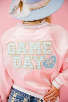 GAME DAY READY PINK VARSITY JACKET JACKET Judith March Pink Sporty Varsity Jacket For Spring, Sporty Pink Varsity Jacket For College, Sporty Pink Varsity Jacket For Spring, Pink Varsity Jacket For College, Spring Varsity Jacket With Letter Embroidery, Pink College Varsity Jacket With Letter Print, Pink Varsity Jacket With Letter Print For College, Pink Varsity Outerwear With Letter Print, Pink Varsity Jacket