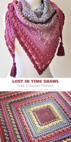 a crocheted shawl is shown with the words lost in time shawl