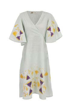 Fanm Mon | Lajwa Dress Neckline Embroidery, Embroidery Bags, Zipper Dress, Linen Midi Dress, Dress Zipper, Elbow Length Sleeve, Embroidery Details, V Neck Dress, Slow Fashion