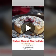 an advertisement for italian almond ricotta cake