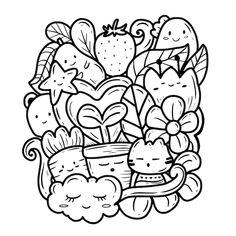 a black and white drawing of many different things in the shape of a flower pot