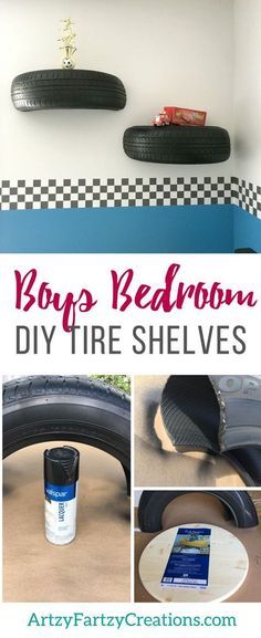 there are pictures of different types of tires on the shelves with text overlay that says diy tire shelves