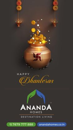 happy dhanteras and anandaa home living advertisement with gold coins in a caulder