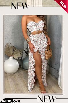 Women Summer White Sexy Strapless Sleeveless High Waist Floral Print Cascading Ruffle Regular Miditwo Piece Skirt Set Ruffle Long Skirt, Long Skirt Suits, Bralet Tops, 100 Gift, Bandeau Tops, Strapless Crop Top, Boho Floral Dress, Bandeau Top, Dress Suits