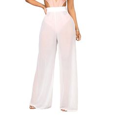 White Sheer Mesh Wide Leg Pants High Waist White Dress Pants For Summer, White High Waist Dress Pants For Summer, White Wide-leg Summer Dress Pants, Swimsuit Coverup Pants, Beach Trousers, Cover Up Pants, Palazzo Trousers, Swim Pants, Mesh Leggings