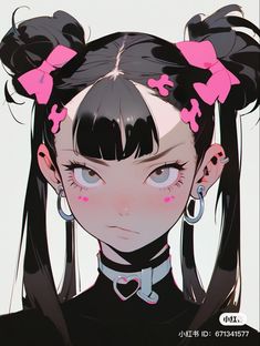 an anime character with long black hair and pink bows on her head is staring at the camera