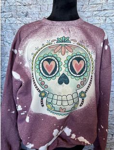 Perfect for fall, this cozy crewneck sweatshirt will become one of your favorites. Bleached, then sublimated with a sugar skull design. Unisex sizing for a comfortable fit. Bleached Sweatshirt, Sugar Skull Design, Skull Design, Gift For Friend, Halloween Gift, Fall Halloween, Sugar Skull, Crewneck Sweatshirt, Gift For Her