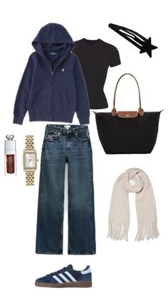 a woman's outfit and accessories including a purse, sweater, scarf, shoes, and handbag