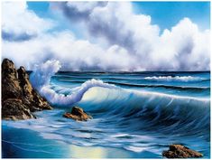 an oil painting of waves crashing on rocks