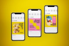 three smartphones displaying the brand design direction on yellow and pink background with text below