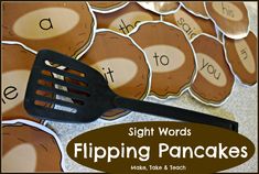 sight words flipping pancakes on a table with a spatula in the foreground and an image of a pile of cut out cookies