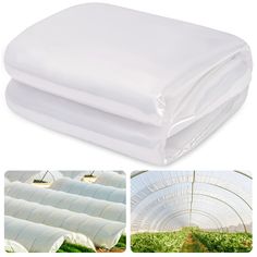 the inside of a greenhouse with white sheets