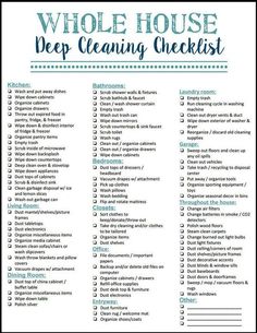 the whole house deep cleaning checklist is shown in blue and white with words above it