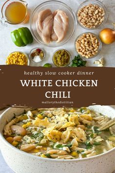 white chicken chili in a bowl with ingredients surrounding it and the title overlay reads healthy slow cooker dinner