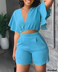 V-Neck Frill Sleeve Crop Top and Shorts Set Product Description Style: Casual Type: Shorts Set Material: Polyester Neckline: V-Neck Sleeve Style: Flutter Sleeve,Short Sleeve Length: Above Knee Pattern Type: Plain Decoration: Flutter Sleeve Fit Type: Skinny Occasion: Daily Package Include: 1* Shorts Set Size Chart turquoise blue inch / cm S M L XL 2XL bust 35.4 / 89.9 37.0 / 94.0 38.6 / 98.0 40.2 / 102.1 41.7 / 105.9 hip 37.8 / 96.0 39.4 / 100.1 40.9 / 103.9 42.5 / 108.0 44.1 / 112.0 top length 1 Rok Outfit, Suit Type, Female Office, 2piece Outfits, Two Piece Short Set, Bright Fashion, Crop Top And Shorts, Color Fashion, Solid Clothes