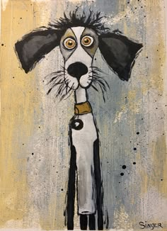 a painting of a black and white dog with yellow eyes on it's face