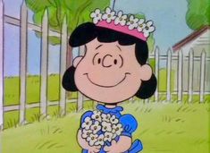 a cartoon character with flowers in her hair, holding a bouquet of daisies and smiling