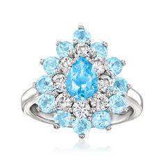 Ross-Simons - 2.30ct t. w. Swiss, Sky Blue Topaz Ring, 1.30ct t. w. White Zircon. Size 8. Catch everyone's eye when you wear this dazzling cluster of gems! Our lively ring features a .90 carat pear-shaped Swiss blue topaz haloed by 1.40 ct. t. w. sky blue topaz and 1.30 ct. t. w. white zircon rounds. Crafted in polished sterling silver. 3/4" wide. White zircon and sky and Swiss blue topaz ring. Blue Topaz birthstones are the perfect gift for December birthdays. Sky Blue Topaz Ring, Swiss Blue Topaz Ring, Topaz Birthstone, Sky Blue Topaz, Ring Blue, Swiss Blue Topaz, Blue Topaz Ring, Topaz Ring, Pear Shaped