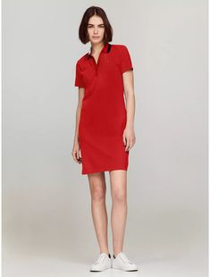 Split-Neck Polo Dress, Primary Red Classic Short Sleeve Summer Polo Dress, Classic Short Sleeve Polo Dress For Summer, Elegant Polo Dress For Daywear, Fitted Casual Polo Dress With Collar, Fitted Casual Polo Dress With Polo Collar, Fitted Casual Polo Dress, Fitted Knee-length Polo Dress For Summer, Summer Polo Dress With Collared Neckline For Work, Summer Cotton Collared Polo Dress