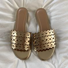 Just Fab Gold Flat Sandals With Laser Cutout: Size 9, Fit Narrow: Never Worn Gold Open Toe Jelly Sandals For Vacation, Gold Jelly Sandals With Round Toe For Spring, Gold Flat Jelly Sandals, Gold Flat Synthetic Jelly Sandals, Gold Synthetic Jelly Sandals For Beach, Gold Open Toe Jelly Sandals, Gold Jelly Sandals For Beach And Spring, Gold Flat Sandals, Laser Cutout