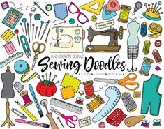 sewing and needleing hand drawn doodles with scissors, thread, needles, buttons, pins, etc