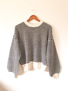 "DETAILS: Long sleeve striped crewneck top.  -Crew neckline -Balloon sleeve -Drop shoulder COLOR: -Off white/ black stripe FABRIC:  -64% acrylic, 19% nylon, 12% polyester, 5% span CARE: -Hand wash cold water -Do not bleach -Flat dry -Do not iron -Do not dry clean SIZING: -Model is 5'4\" wearing a size small -Runs true to size" Black And Grey Striped Shirt, White Striped Shirt Outfit, Grey Striped Shirt, Striped Crewneck, Cute Modest Outfits, Long Sleeve Striped Top, Stripe Fabric, Fall Clothes, Striped Long Sleeve Shirt