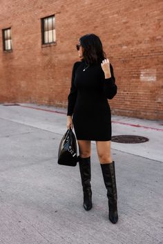 Black Sweater Dress With Boots Midi, Short Sweater Dress Outfit, Black Knee Length Sweater Dress, Belted Sweater Dress Outfit, Black Sweater Dress With Boots, Short Black Winter Sweater Dress, Black Sweater Dress With Boots Plus Size, Long Sweater Dresses, Black Knee-length Sweater Dress For Fall