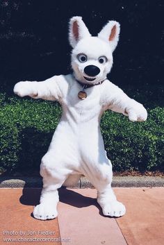 a person in a white dog costume standing on one leg with his arms spread out